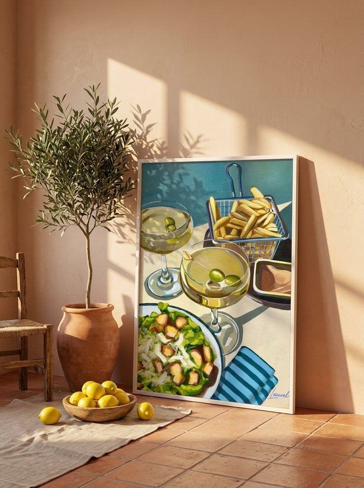 Modern wall art print leaning against the wall in a Mediterranean kitchen