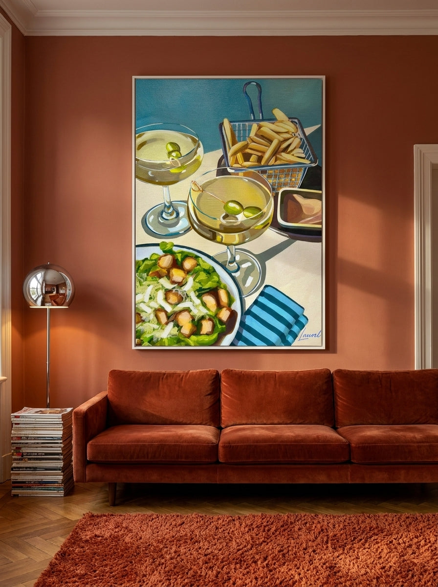 Oversized statement modern wall art print styled on the wall in a retro 70s living room