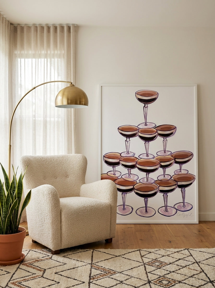 Oversized statement modern wall art print leaning against the wall in a mid-century living room
