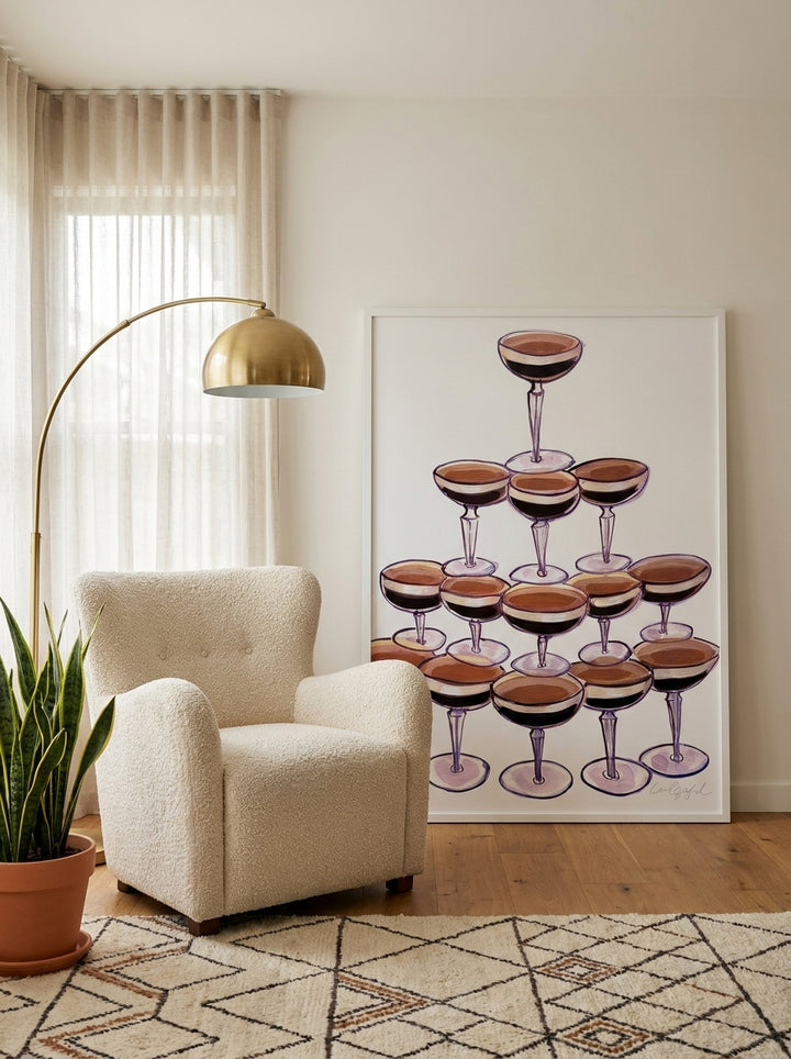 Oversized statement modern wall art print leaning against the wall in a mid-century living room
