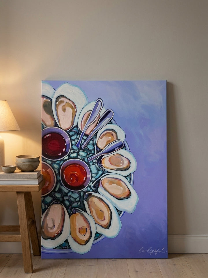 Stretched canvas wall art leaning against the wall in a warm Japandi dining room