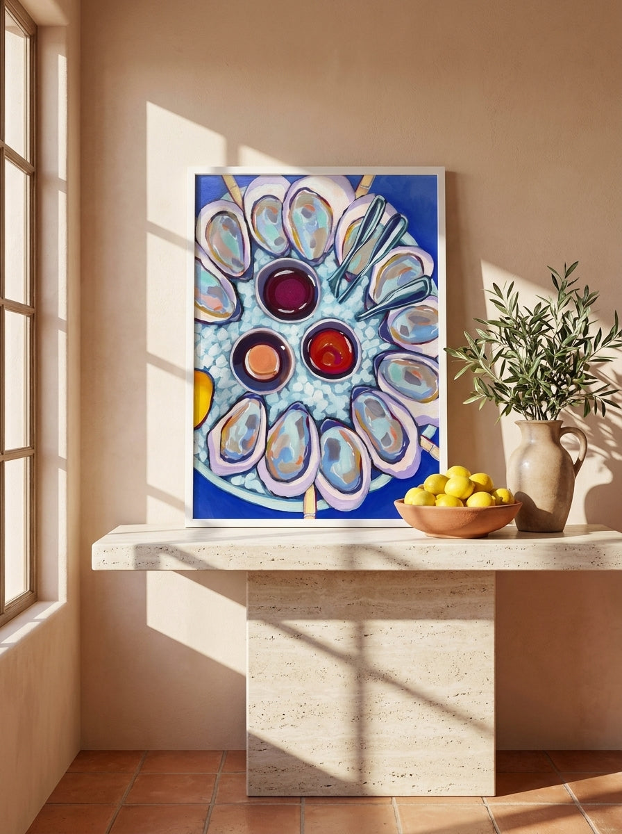 Modern wall art print standing on a console in a Mediterranean living room