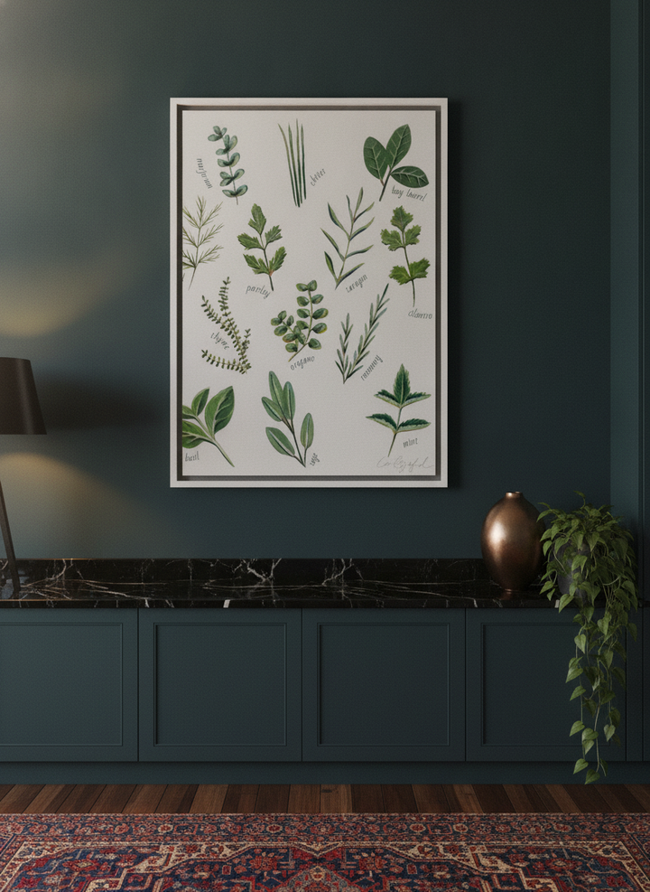 Canvas wall art with a white surround styled on the wall in a moody kitchen