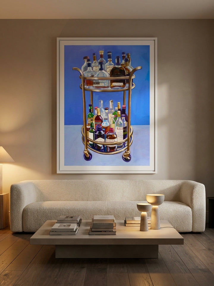 Oversized statement modern wall art print styled on the wall in a luxe living room