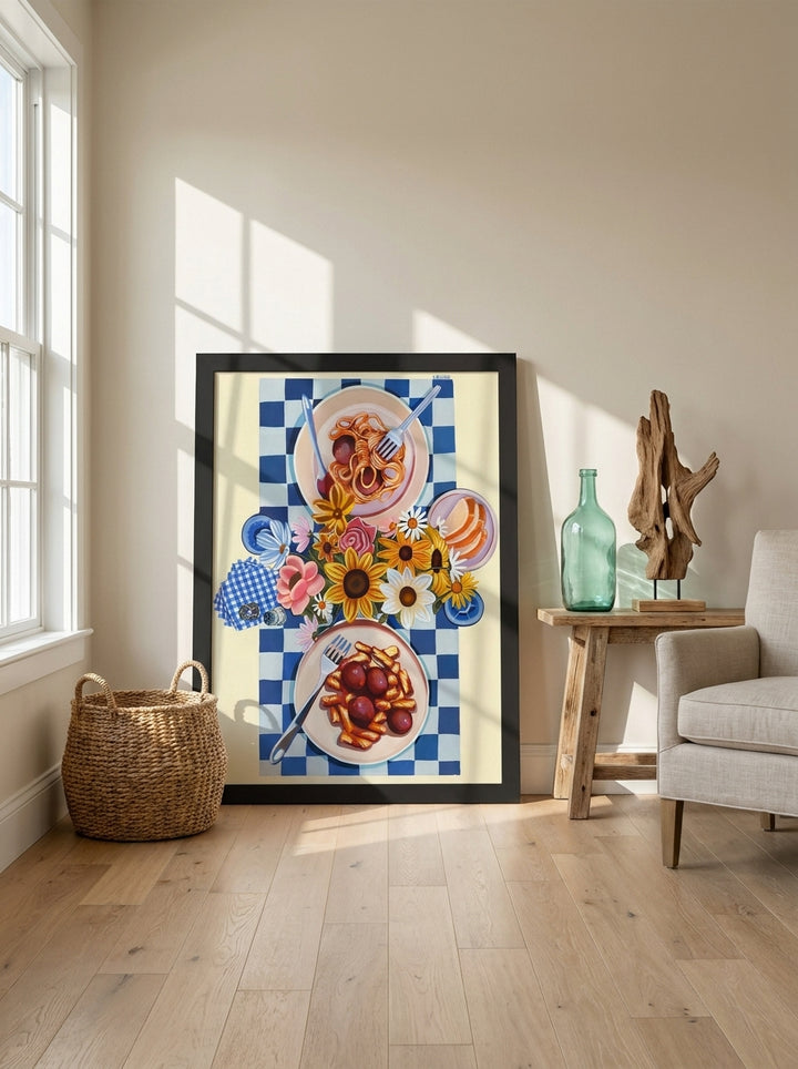 Oversized statement modern wall art print leaning against the wall in a coastal dining room