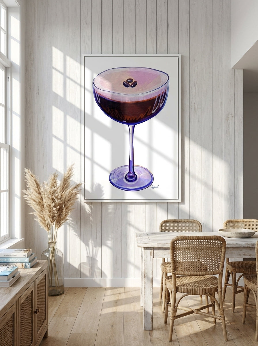 Oversized statement canvas wall art with a white surround styled on the wall in a coastal dining room