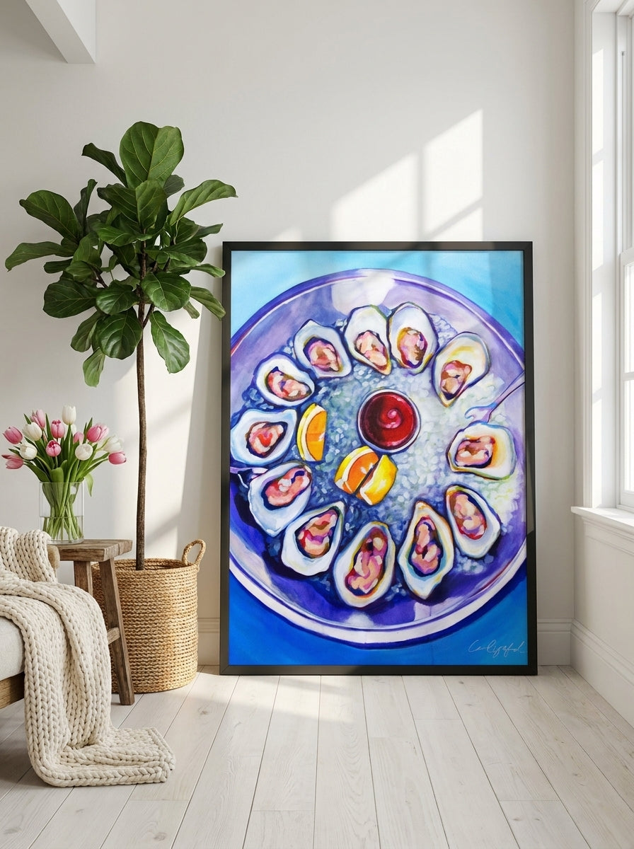Oversized statement modern wall art print leaning against the wall in a bright Scandinavian dining room