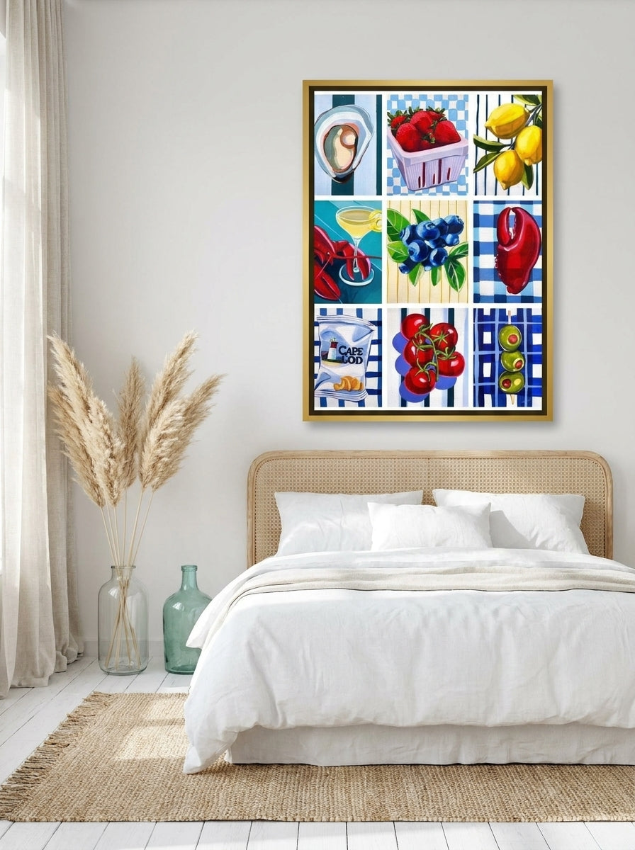 Canvas wall art with a gold leaf surround styled on the wall in a coastal bedroom