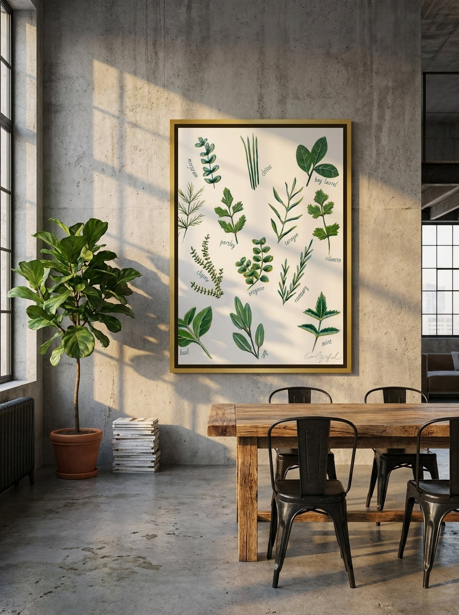 Oversized statement canvas wall art with a gold leaf surround styled on the wall in an industrial loft dining room