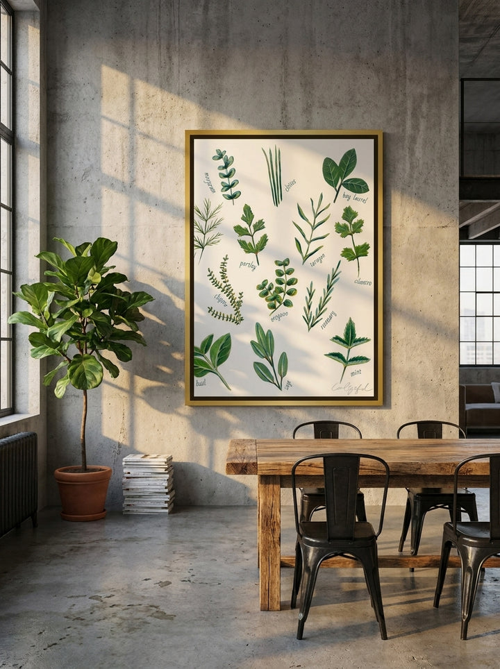 Oversized statement canvas wall art with a gold leaf surround styled on the wall in an industrial loft dining room