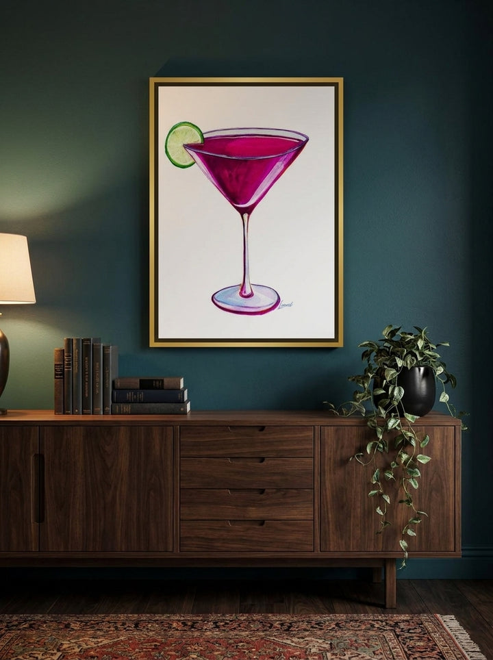 Canvas wall art with a gold leaf surround styled on the wall in a moody living room