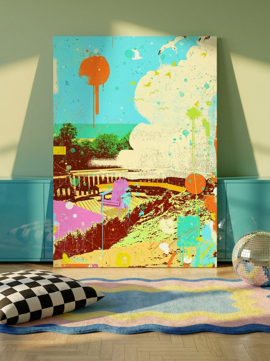 Stretched canvas wall art standing on a sideboard in a colourful eclectic living room