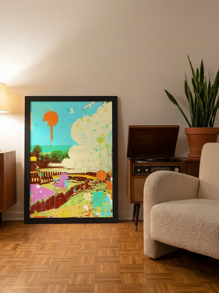 Modern wall art print leaning against the wall in a mid-century home office
