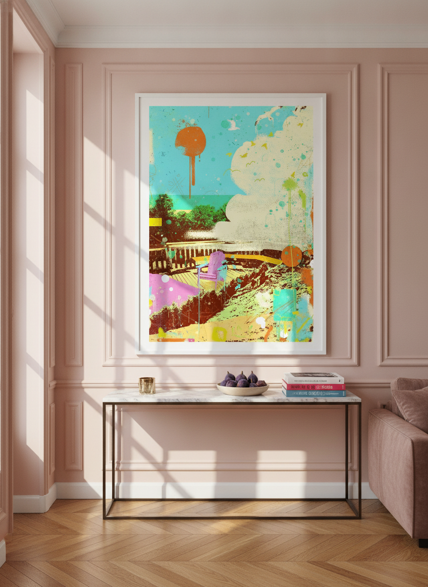 Oversized statement modern wall art print styled on the wall in a Parisian living room