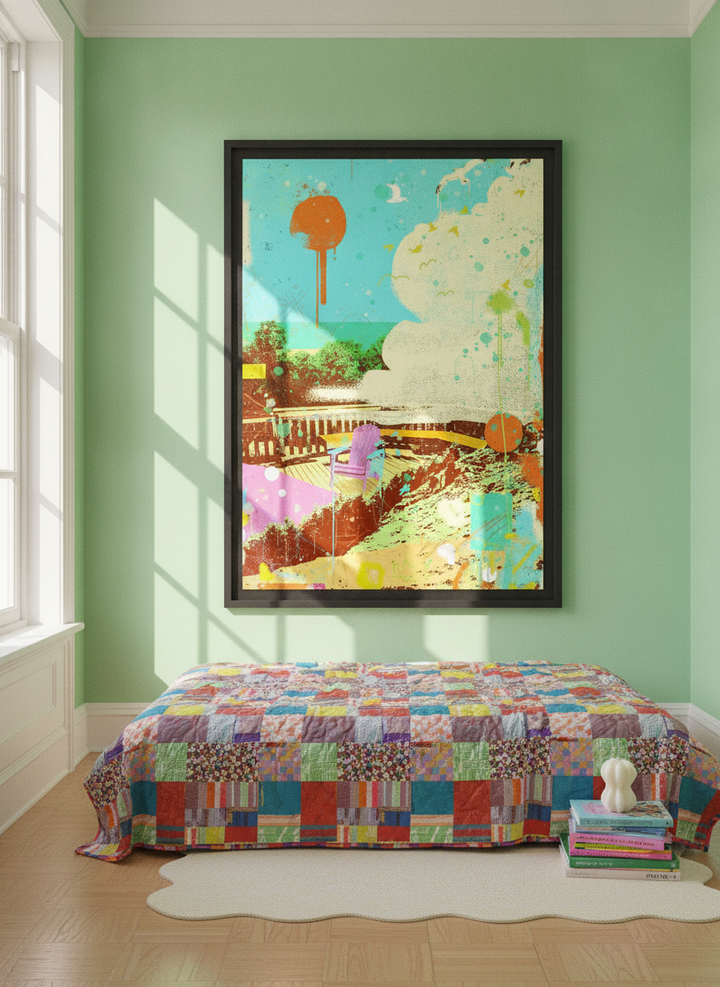 Oversized statement modern wall art print styled on the wall in a colourful eclectic bedroom