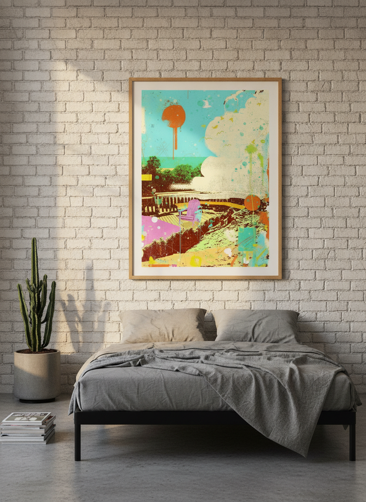 Modern wall art print styled on the wall in an industrial loft bedroom