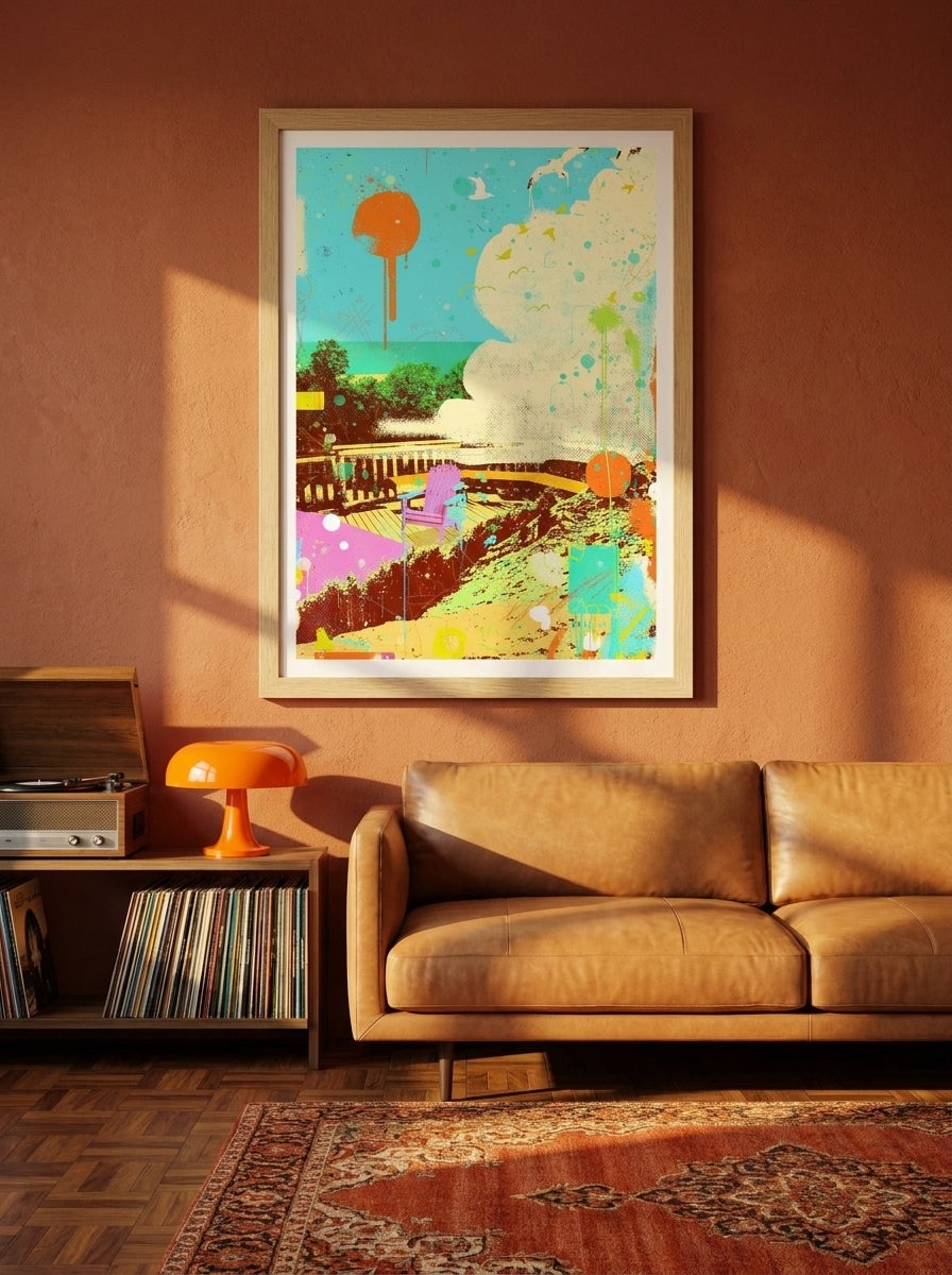 Modern wall art print styled on the wall in a retro 70s living room