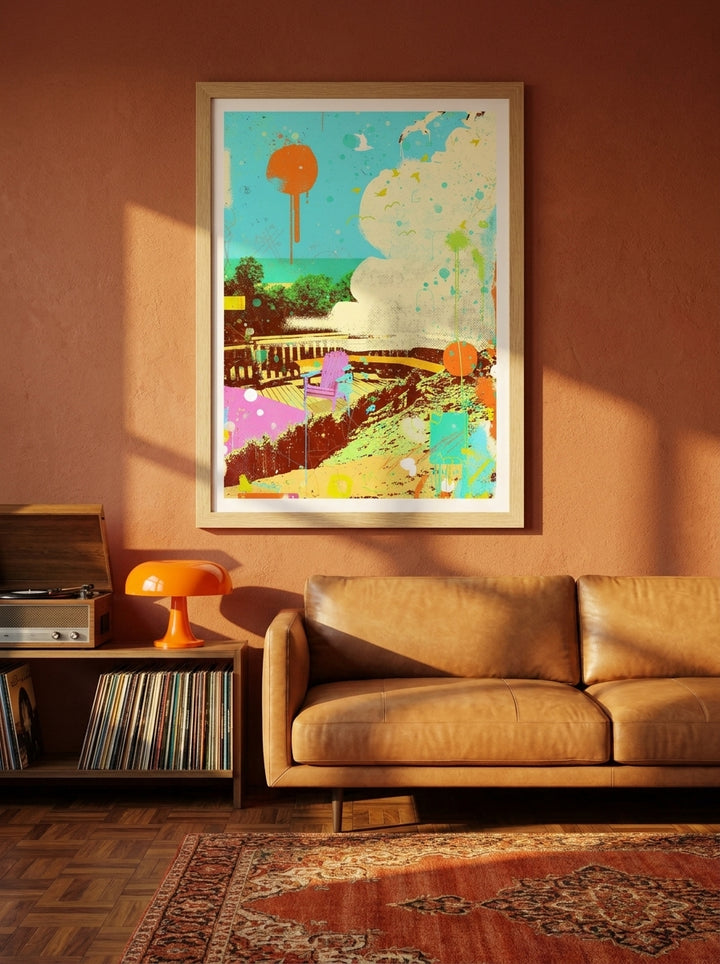 Modern wall art print styled on the wall in a retro 70s living room