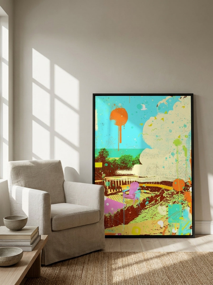 Canvas wall art with a black surround leaning against the wall in a warm Japandi bedroom