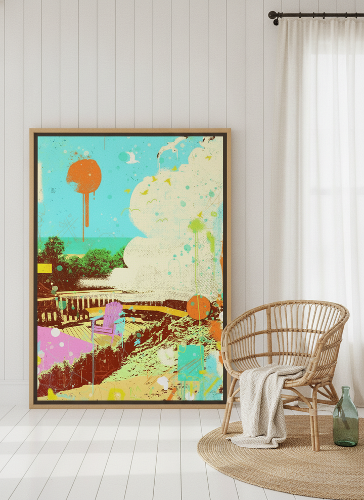 Oversized statement canvas wall art with a natural timber surround leaning against the wall in a coastal dining room