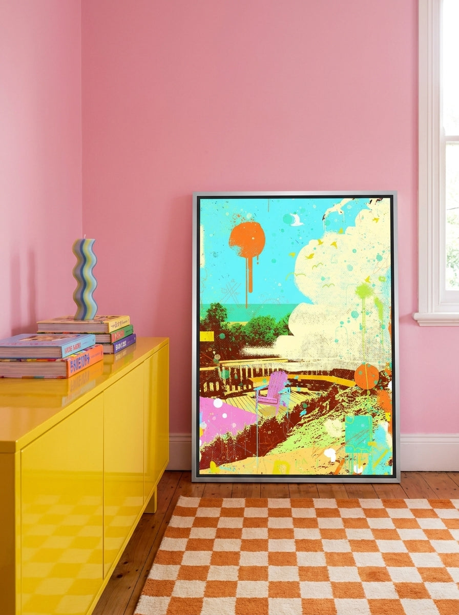 Canvas wall art with a silver leaf surround standing on a sideboard in a colourful eclectic bedroom