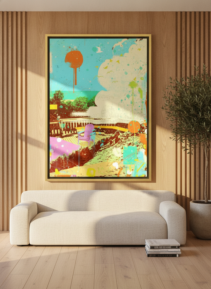 Oversized statement canvas wall art with a gold leaf surround styled on the wall in a luxe living room