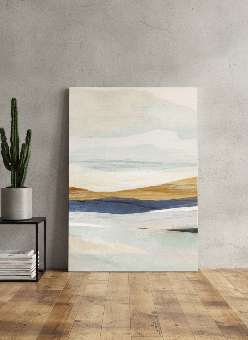 Stretched canvas wall art leaning against the wall in an industrial loft home office