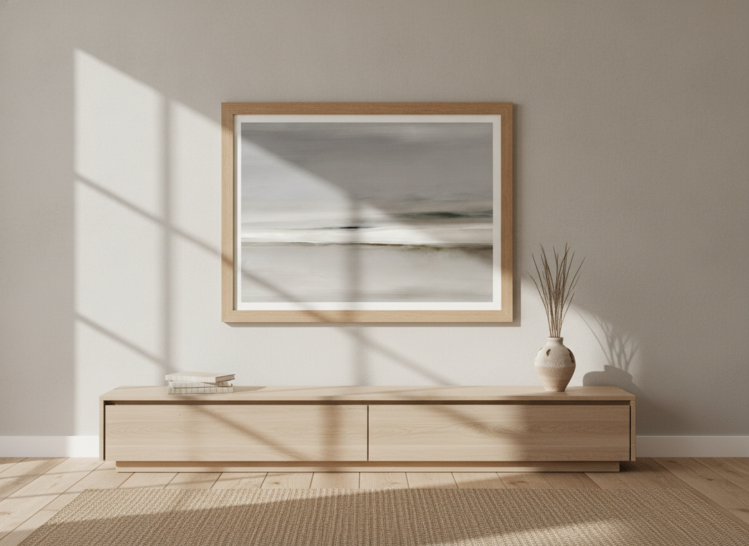Modern wall art print styled on the wall in a warm Japandi living room
