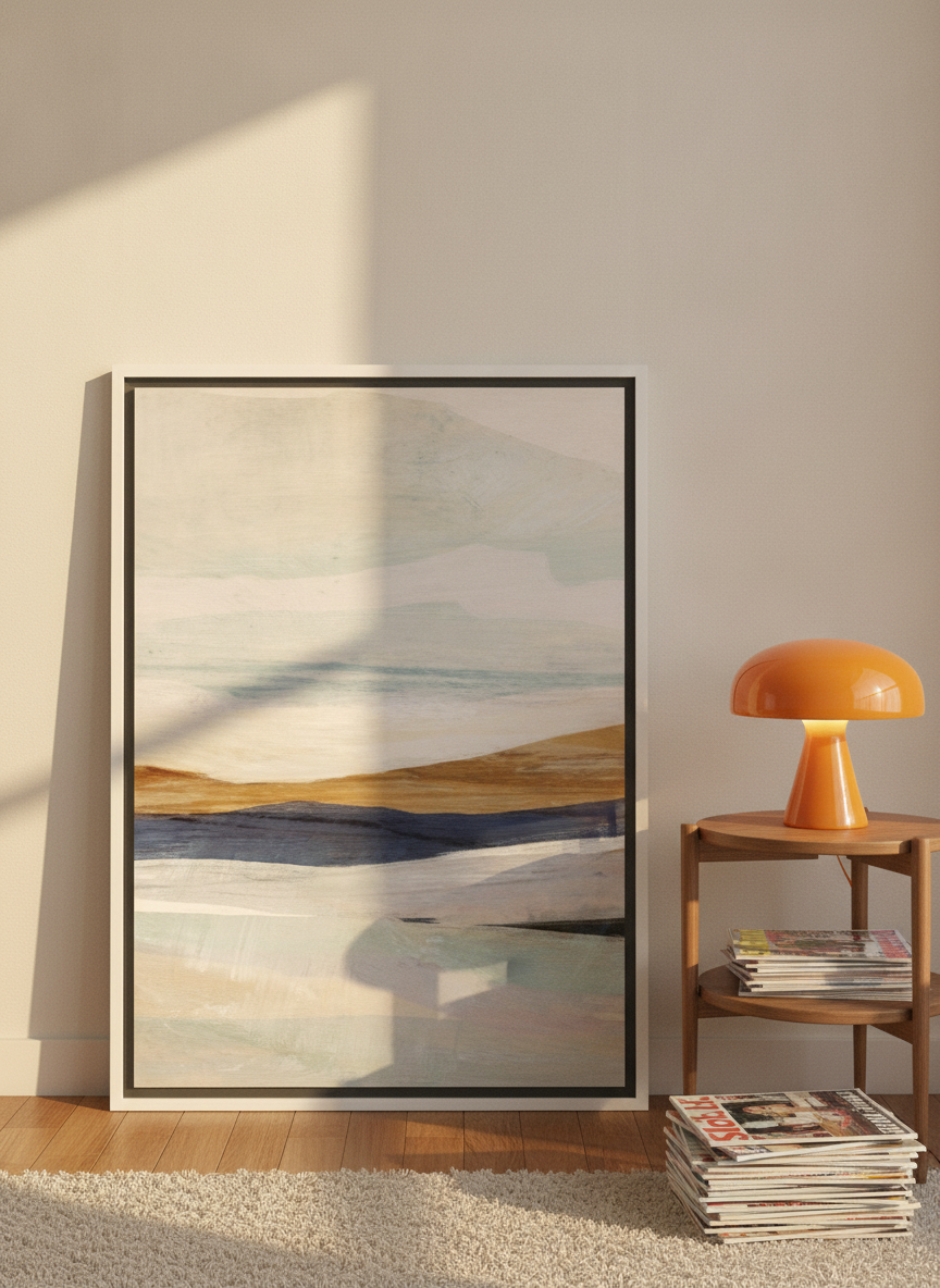 Canvas wall art with a white surround leaning against the wall in a retro 70s bedroom