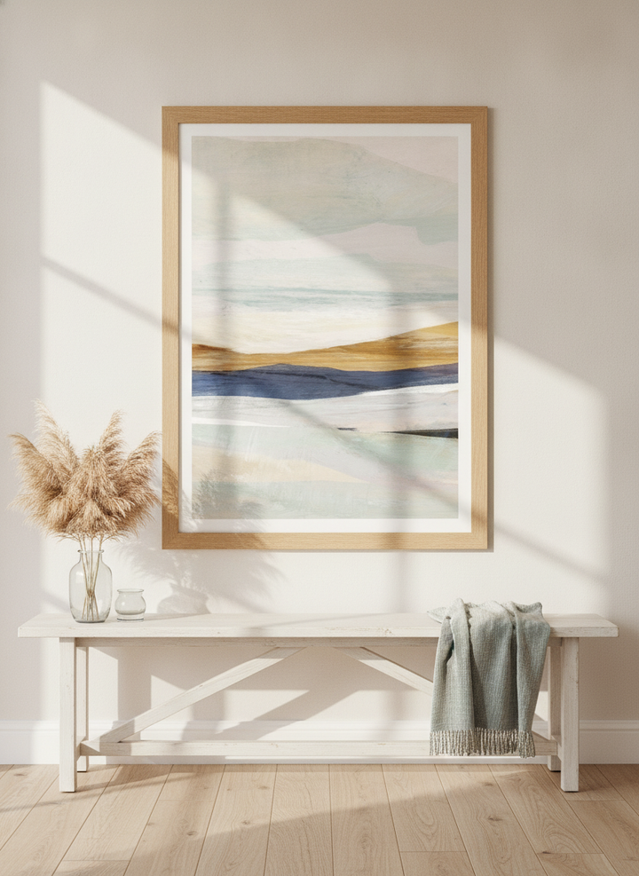 Modern wall art print styled on the wall in a coastal living room