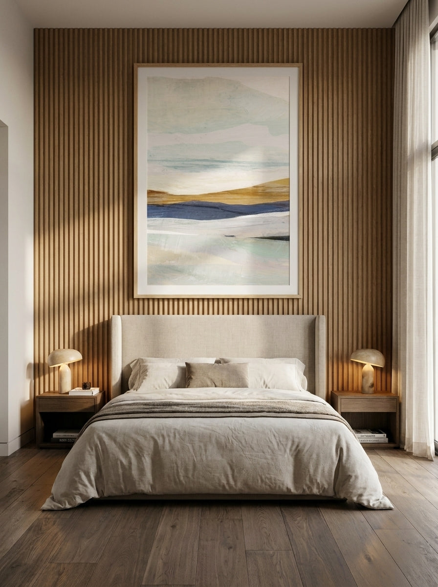 Oversized statement modern wall art print styled on the wall in a luxe bedroom