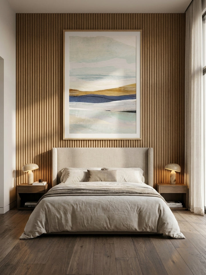 Oversized statement modern wall art print styled on the wall in a luxe bedroom