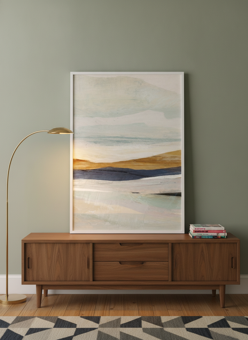 Modern wall art print standing on a sideboard in a mid-century bedroom