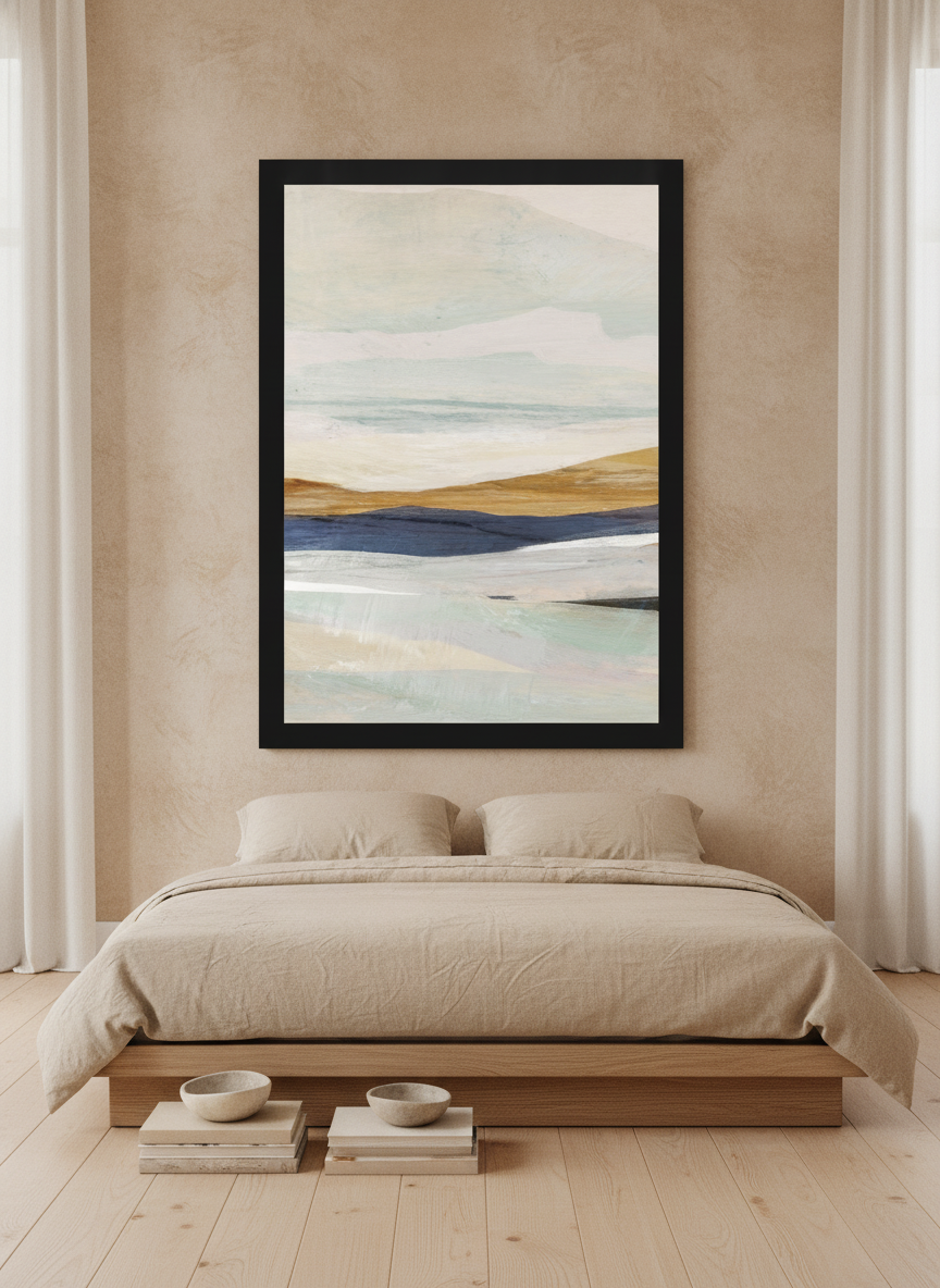 Oversized statement modern wall art print styled on the wall in a warm Japandi bedroom