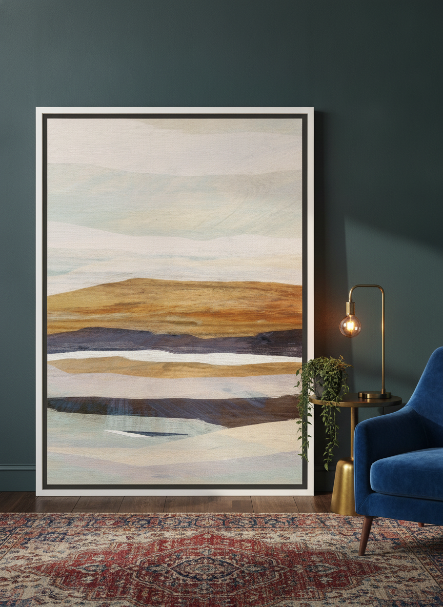 Canvas wall art with a white surround leaning against the wall in a moody bedroom