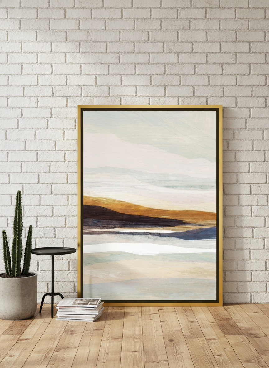 Canvas wall art with a gold leaf surround leaning against the wall in an industrial loft home office