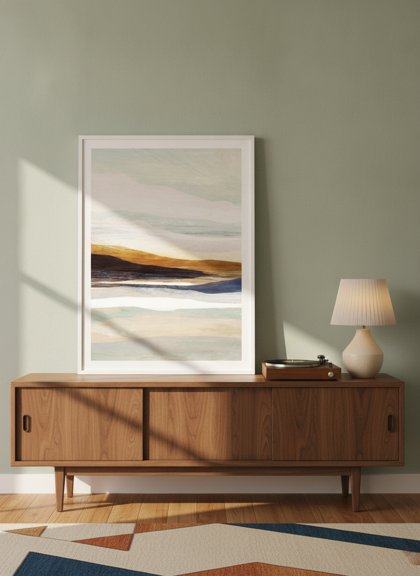 Modern wall art print standing on a sideboard in a mid-century home office