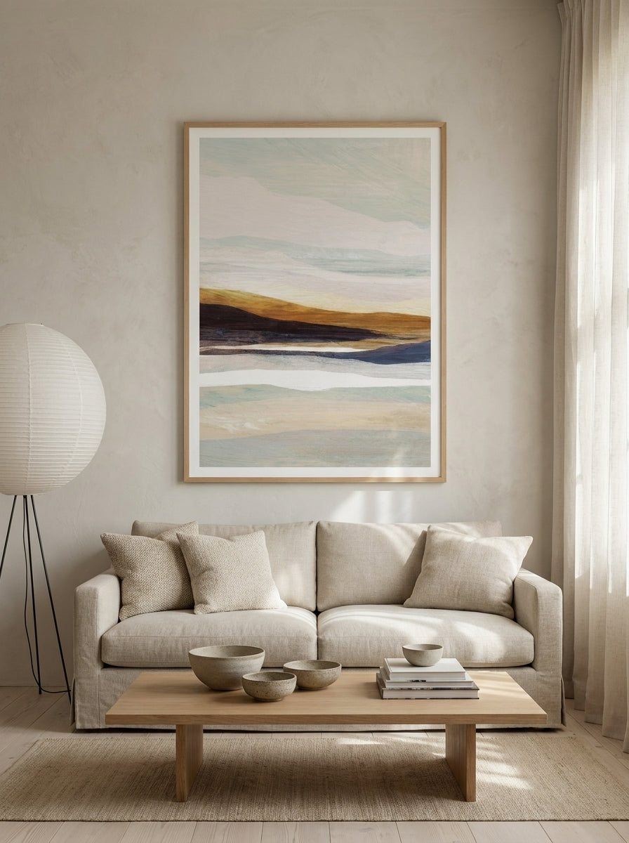 Modern wall art print styled on the wall in a warm Japandi living room