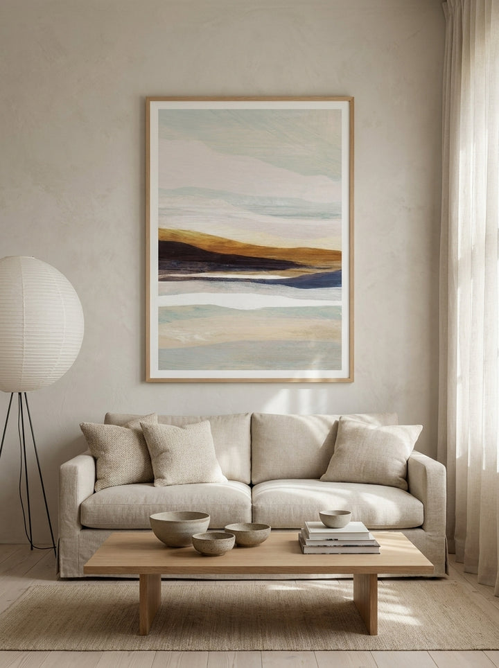 Modern wall art print styled on the wall in a warm Japandi living room