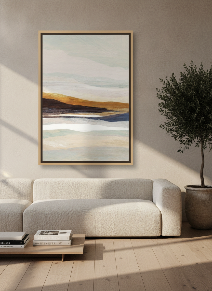 Oversized statement canvas wall art with a natural timber surround styled on the wall in a luxe living room