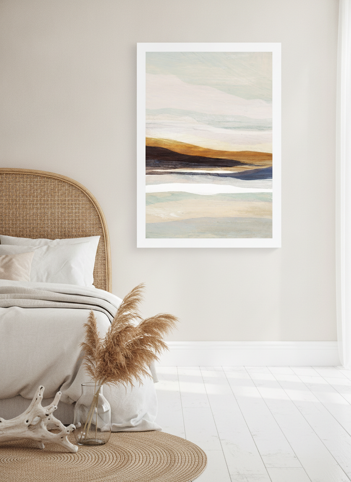 Modern wall art print styled on the wall in a coastal bedroom