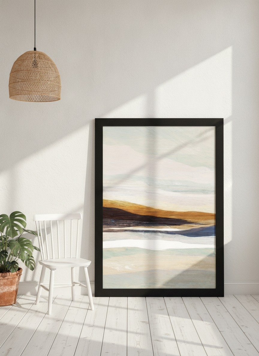Oversized statement modern wall art print leaning against the wall in a bright Scandinavian bedroom