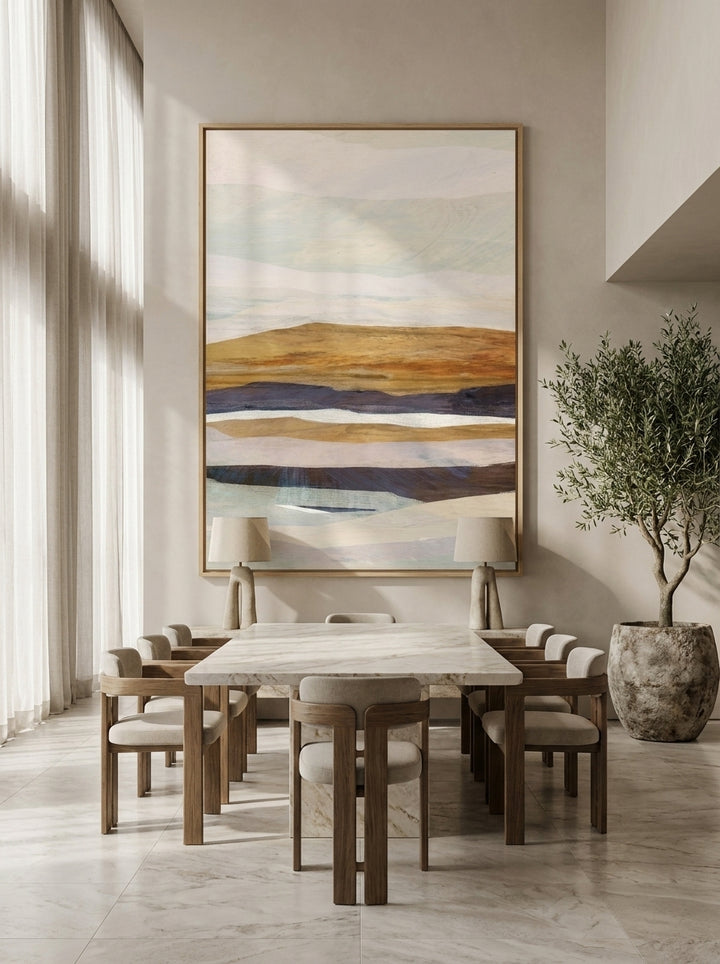 Oversized statement modern wall art print styled on the wall in a luxe dining room