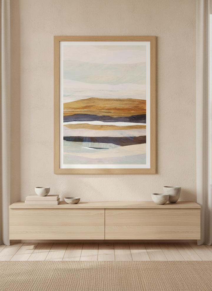 Modern wall art print styled on the wall in a warm Japandi living room