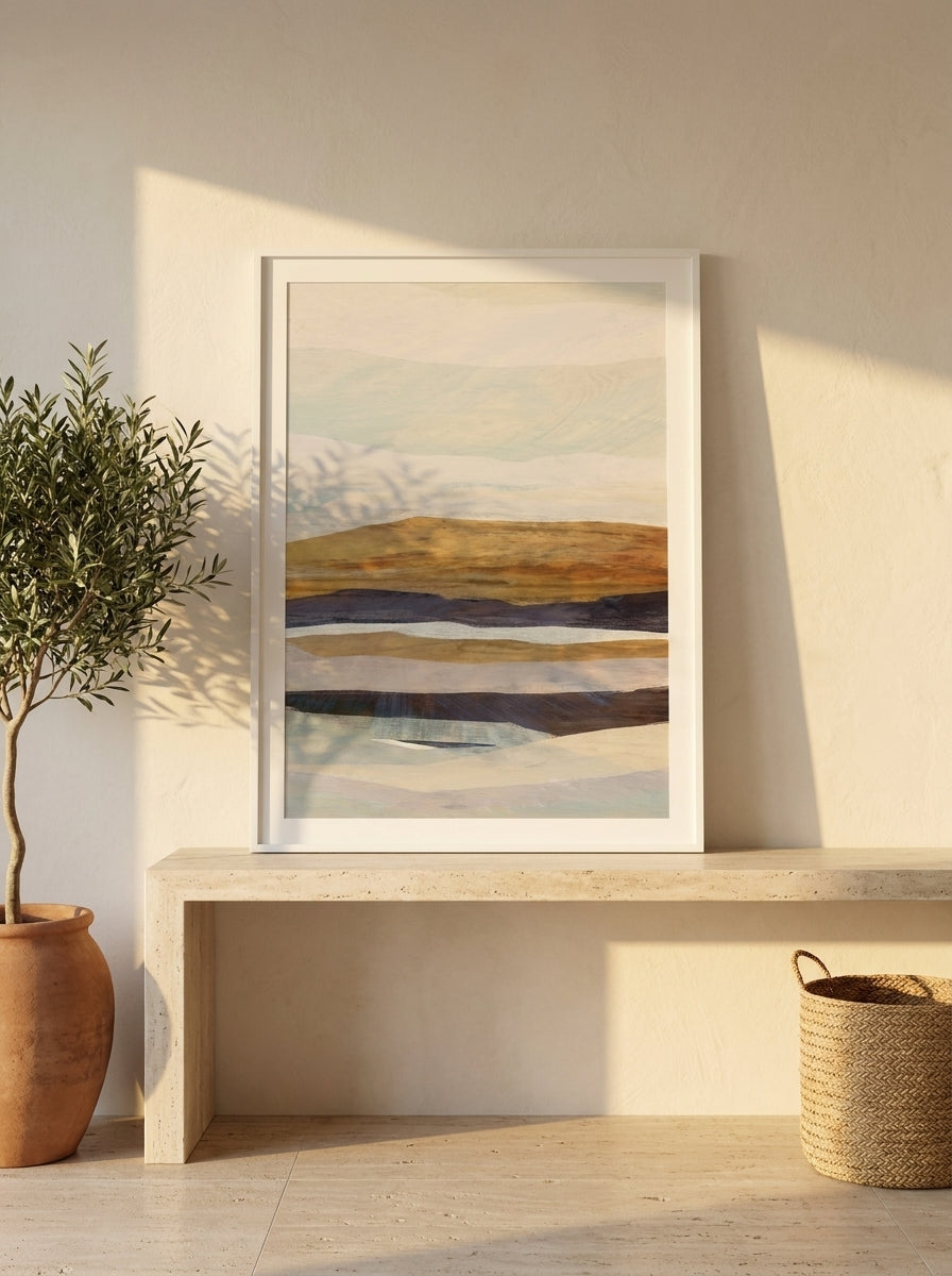Modern wall art print standing on a console in a Mediterranean home office