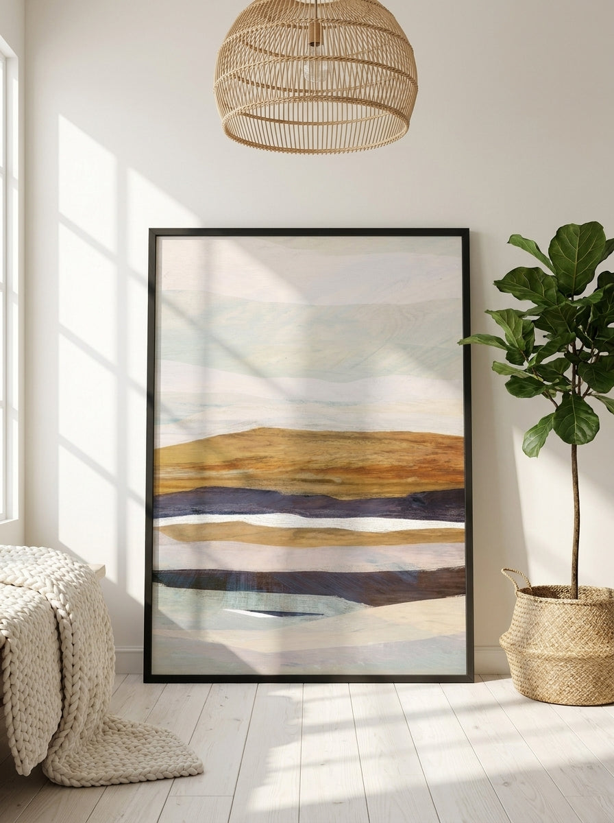 Oversized statement modern wall art print leaning against the wall in a bright Scandinavian bedroom