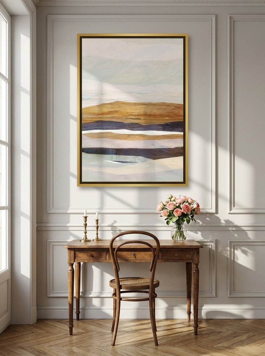 Canvas wall art with a gold leaf surround styled on the wall in a Parisian home office
