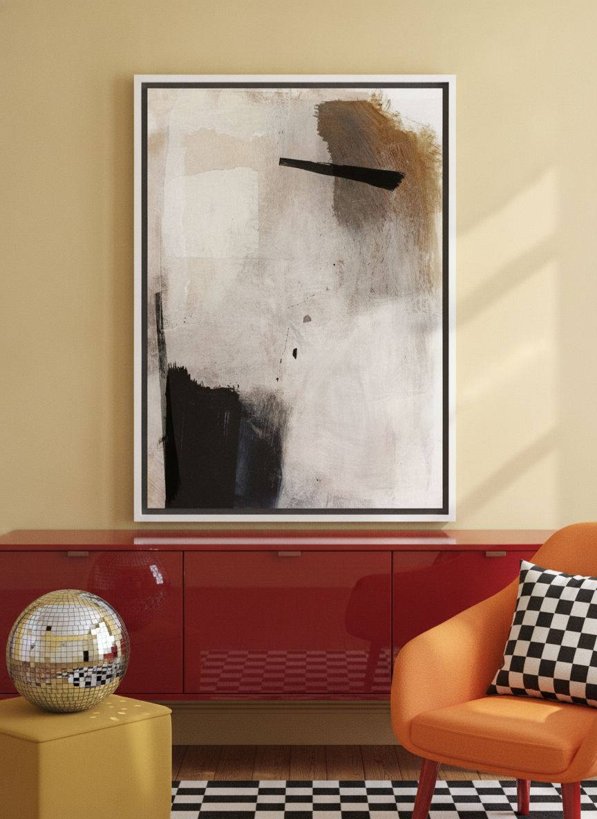 Canvas wall art with a white surround standing on a sideboard in a colourful eclectic home office