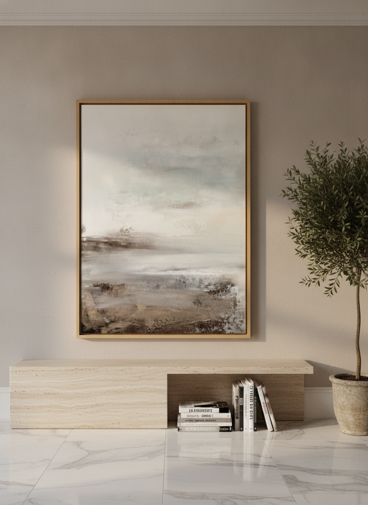 Oversized statement modern wall art print styled on the wall in a luxe living room