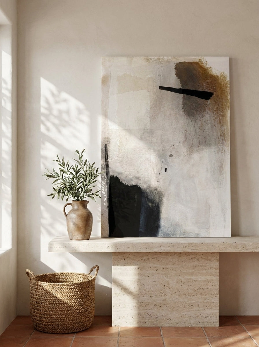 Stretched canvas wall art standing on a console in a Mediterranean bedroom